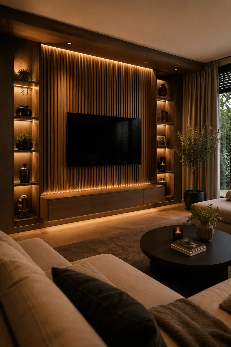 Luxe interieur met maatwerk houten afwerking, warme sfeer.